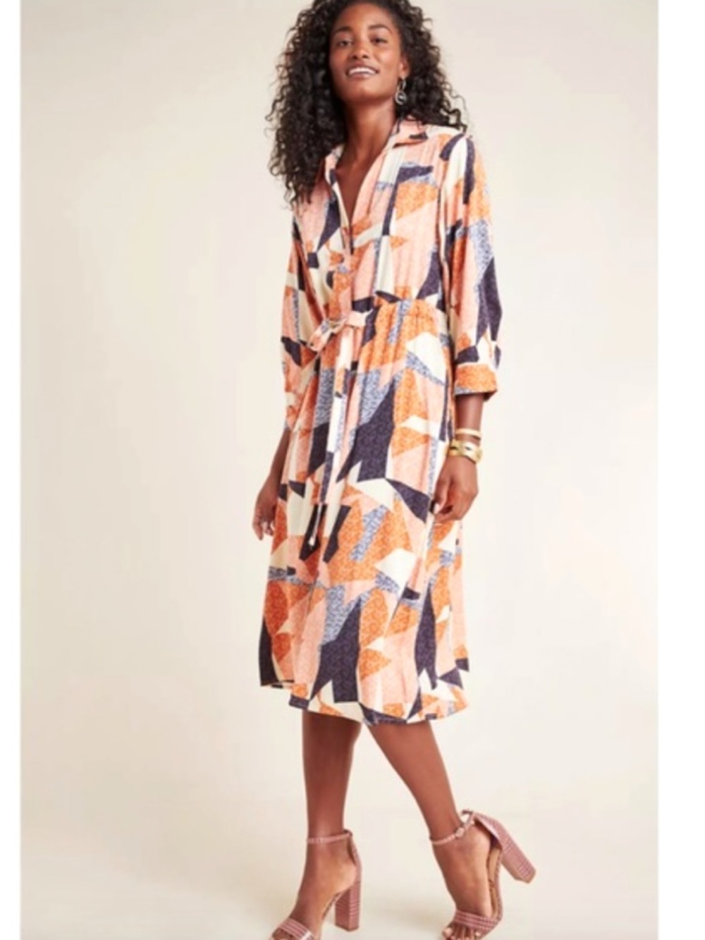 Anthropologie Corey Lynn Calter Geometric Midi Shirt Dress in Peach & Navy